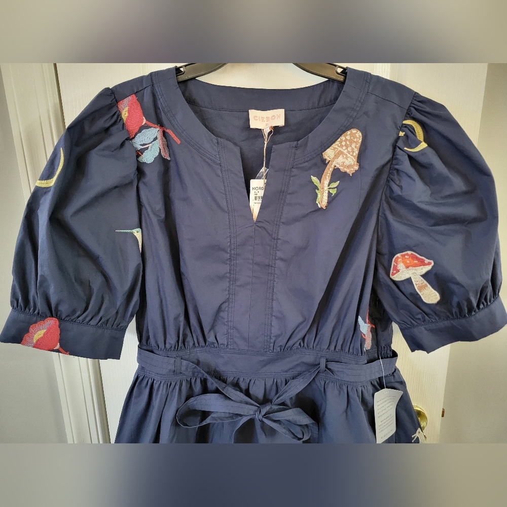 NWT CIEBON Barona Nature Embroidered Fit & Flare Cotton Dress Navy Blue Size XL - Picture 8 of 16